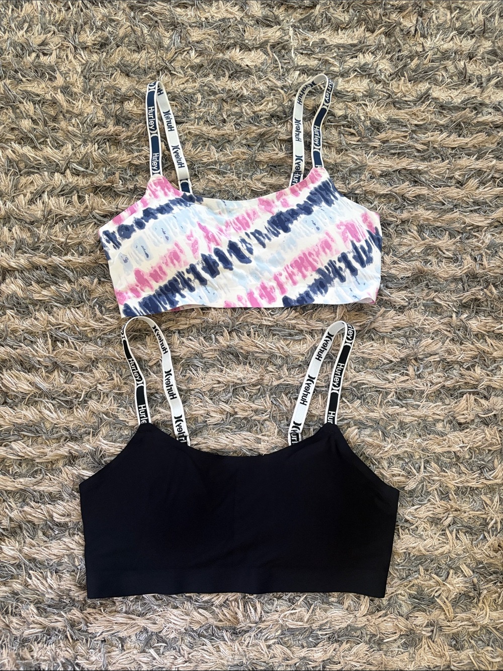 Hurley Pink Navy Tie-Dye & Black Camisole Bralette Set with Branded Straps, L